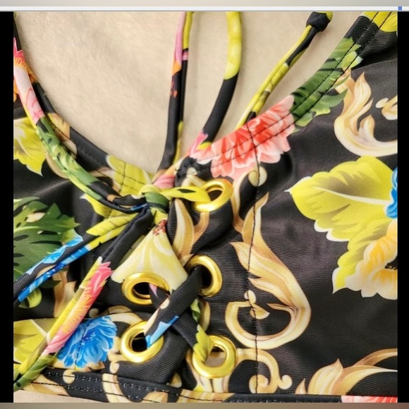 BIKINI RETRO MID WAIST RUFFLE SLEEVES BLACK FLORAL PRINT - Picture 3 of 16